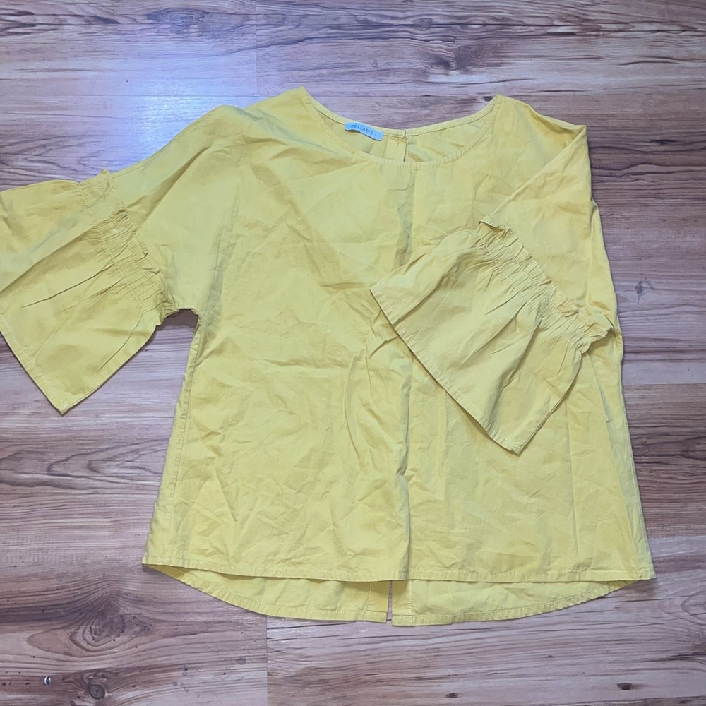 Yellow Asymmetrical Ruffled Blouse with 3/4 Sleeves